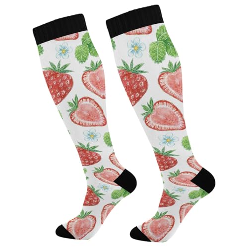 Dussdil Strawberry Floral Berries Leaves Compression Socks for Women Men Christmas Circulation Long Knee Socks for Winter Warm Stockings Socks