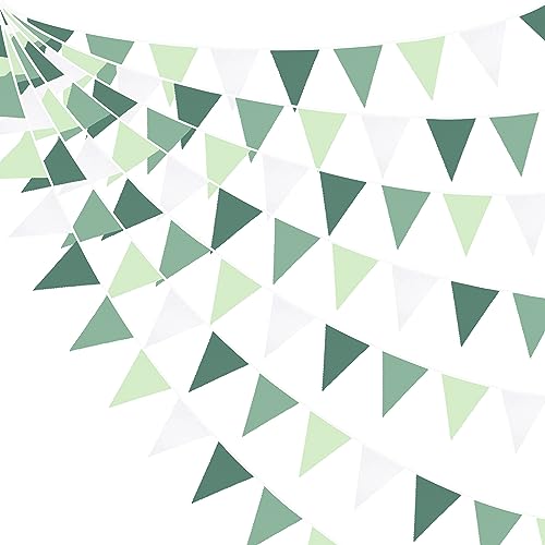 32Ft Vert Sauge Fanions Guirlande Bannière Décoration de Fête vert Foncé Pâle et blanc Tissu Triangle Drapeau Banderole pour Anniversaire Mariage Safari dans la jungle Saint-Patrick Noël Festival Déco