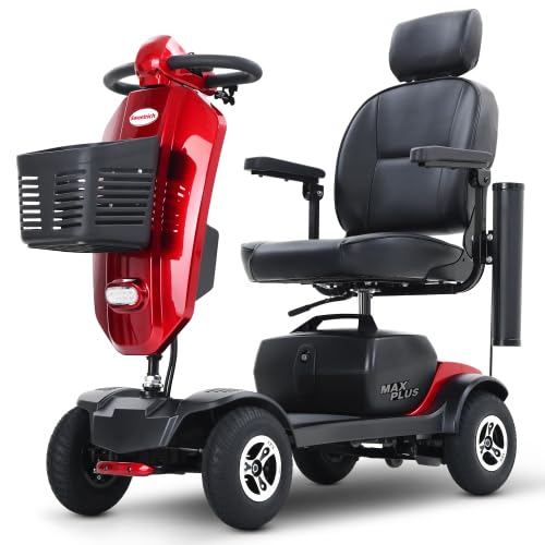 Scooter de movilidad MAX PLUS rojo para mayores, motor 300 W, autonomía 25 km, carga 136 kg, asiento 360°, LED, neumáticos 9 pulgadas