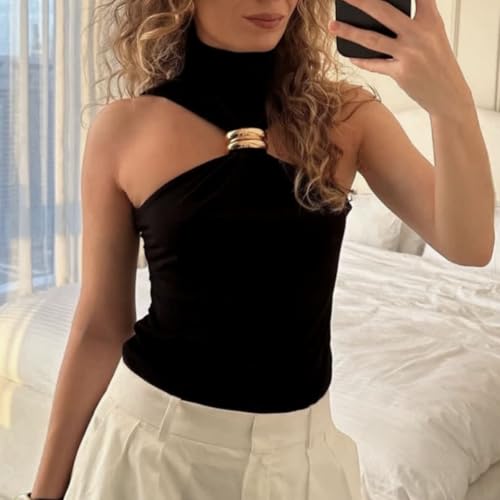 Women Sexy Halter Neck Pleated Twist Front Tank Tops Trendy Slim Fit Sleeveless Hollow Out Halter Top Clubwear3