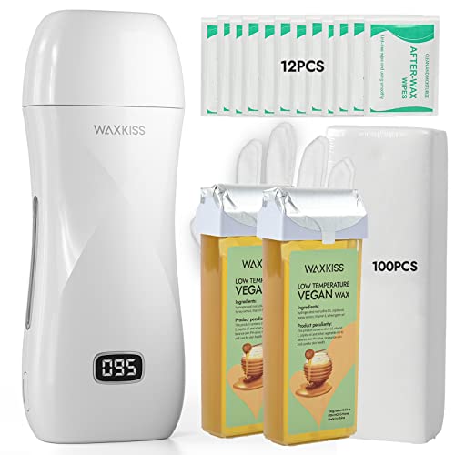 Waxkiss Roll On Wax Kit for Hair Removal - Professional Heater Machine, 2 Soft Cartridges, Strips and Wipes for Sensitive Skin