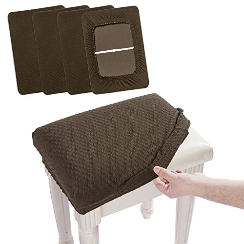 Image of 4 pcs Vanity Stool Bench Covers, Luxury Crease-Resistant Jacquard Fabric Saddle Bar Stool Slipcovers Stretch Washable, (Rectangle, 4 Counts, Brown)