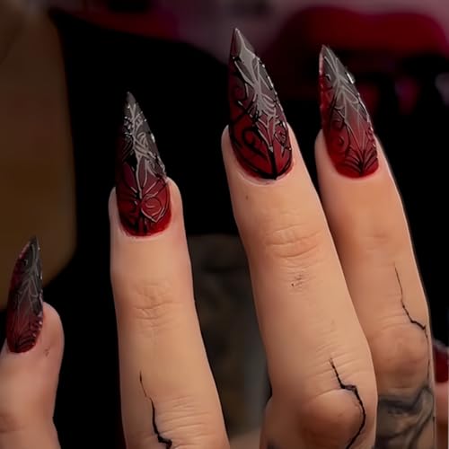 Halloween Goth Press on Nails Medium Stiletto Almond Fake Nails with 3D Stripe Designs Red Halloween Acrylic False Nails Full Cover Reusable Stick on Nails for Women Girls 24Pcs