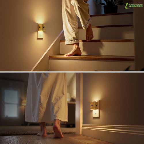 Image of L LOHAS LED Night Light,Plug in Night Light with Motion Sensor and Dusk to Dawn Sensor, Brightness Adjustable,3000K Soft White, Gold Nightlight for Bathroom Hallway Kitchen