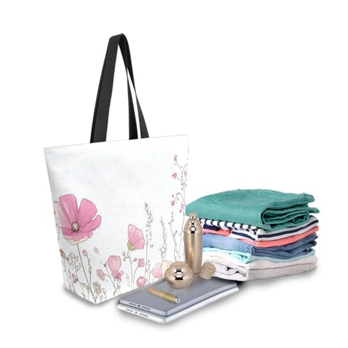 Extra Large Shoulder Tote Bag for Beach Travel Weekender Gym Watercolor Wildflowers Pink Flowers Plants Reusable Grocery Canvas Shopping Bag3