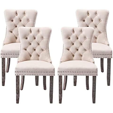 Qtivii Velvet Dining Chairs Set of 4, Tufted Dining Room Chairs with Button Back, Nailhead Trim, Upholstered Dining Chairs for Kitchen, Bedroom, Restaurant (Beige) Cover
