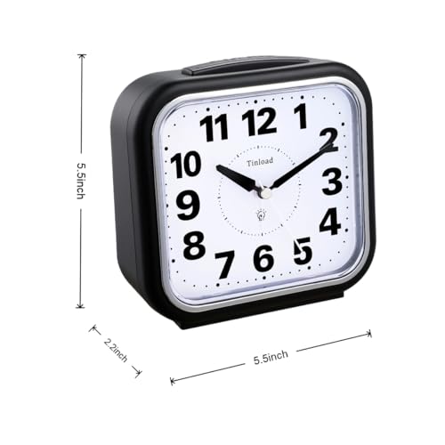 Image of Tinload 5.5 inch Large No Ticking Analog Alarm Clock,Silent Readable for Seniors,Easy to Set,Gradual Rise Alarm,Big Numbers,Gentle Wake,Snooze, Lighted on Demand,Battery Operated,Black