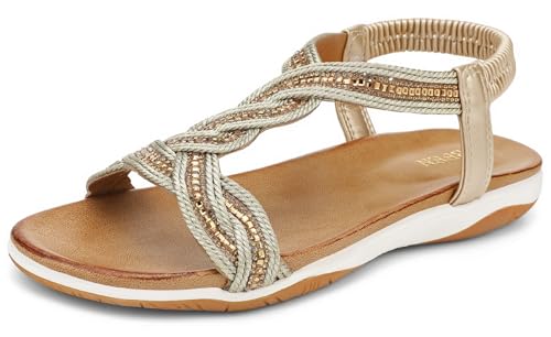 Image of UBFEN Flat Sandals For Women Dressy Arch Support Comfortable Casual Sandal With 2026 Rhinestone Braid Elastic Strap Summer Vacation