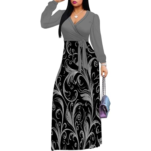 Image of Women's Plus Size Maxi Dresses Long Sleeves V Neck Floral Print Bohemian Swing Long Dress with Belt