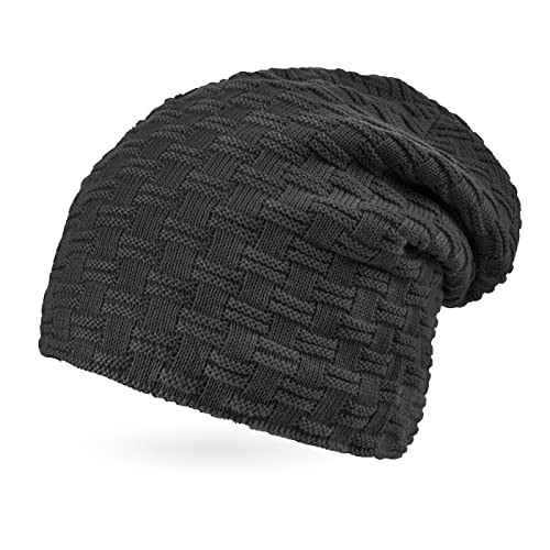 Neverless® Damen Strickmütze Strick-Beanie gefüttert Fleece Teddyfell Winter-Mütze anthrazit Unisize