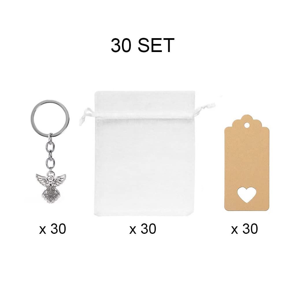 30 Pezzi Ciondoli Angelo Custode, YIDM Portachiavi Angelo Custode Bomboniere Battesimo, Bomboniere Comunione con Sacchetto Organza e Pendenti Carta Kraft, per Baby Shower Matrimonio Natale