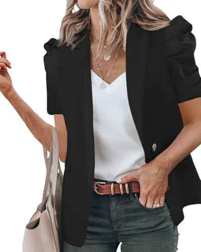 Newffr Womens Summer Blazers Casual Short Puff Sleeve Open Front Office Blazers Bussiness Jackets Work Suit