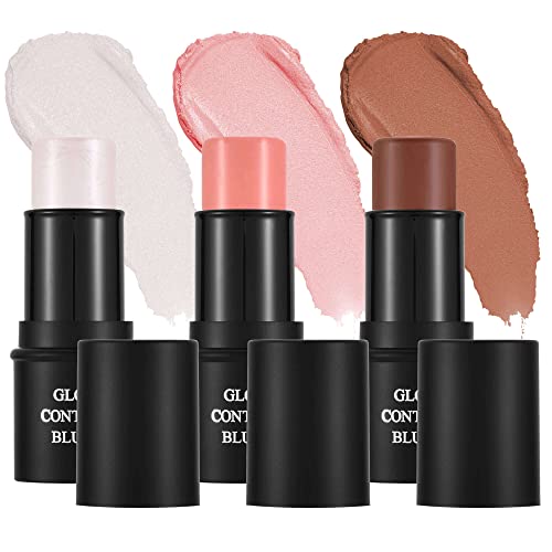 DELISOUL Trio Multi Stick,Cream Contour Stick,Shimmer Highlighter Stick,Blush Stick,Creamy Bronzer Concealer Highlighting Blusher Stick Set,Professional Long-lasting Foundation Stick,#01