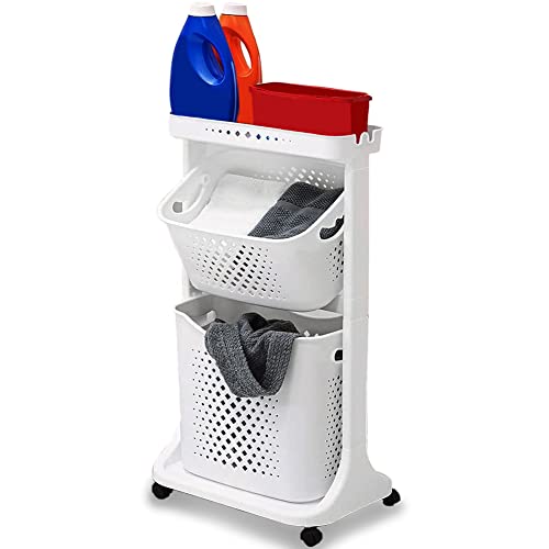 Shally Dogan Chariot à linge avec roulettes, 2 étagères multifonctionnelles, panier d'économie d'espace, avec panier à linge amovible, panier basculant, plateau de rangement supérieur (blanc)
