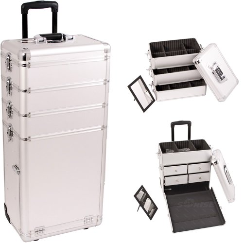 32.25 inch Professional 4 in 1 Customizable 3 Detachable Trays Silver Dot Pattern Travel Cosmetics Case Makeup Trolley w/ 4 Aluminum Drawers