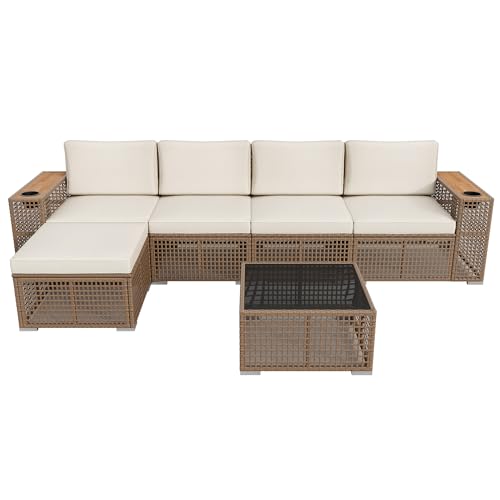 Devoko Patio Furniture Set 6 Piece Outdoor Sectional Sofa Hollow Rattan Patio Seating Sofa with Coffee Table & Ottoman for Deck, Porch, Poolside