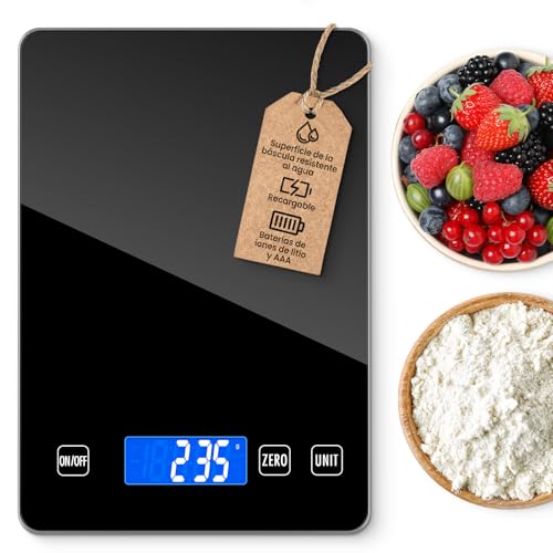 NIWOHOM Bascula Cocina,15 KG Báscula de Cocina Digita,Peso de Cocina Precisión de 1g con Pantalla LCD Grande,Función de Tara,Vidrio Templado,Balanza Cocina para Hornear y Cocinar