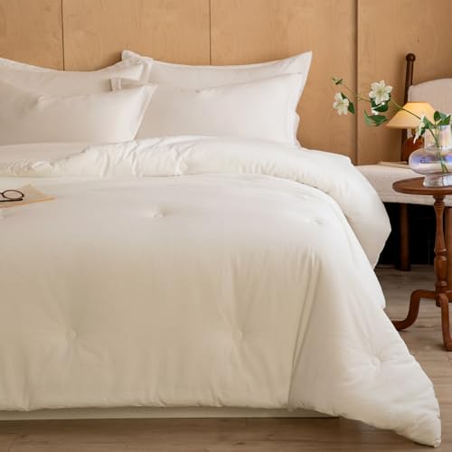 Image of Cyusri Cotton Solid Full Comforter Set - Soft Lightweight Bedding 3 Pieces Dyed Bed Set with 2 Pillow Shams,Reversible All Season Farmhouse Down Alternative(Full Size 80 inchx90 inch White)