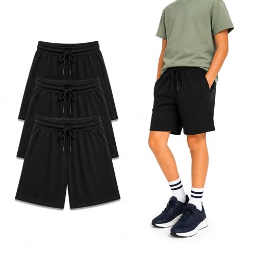 Image of RISH Kids Dri-Fit Sports Shorts for Boys & Girls | Breathable Polyester Activewear Shorts with Elasticated Waist, Drawstring & 2 Side Pockets | Solid Black