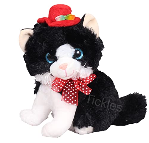 Image of Tickles Cute Sitting Cat Wearing Red Hat Soft Stuffed Glitter Eye Plush Animal Toy for Kids Room (Color: Black and White Size: 20 cm)