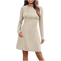 Ribbed Knit Mini Dresses Women Long Sleeve Crew Neck Sweater Dress Flowy Swing Tunic Sweater Skirts Fall Winter Oufits (CA/US, Alpha, Small, Regular, Regular, Beige)