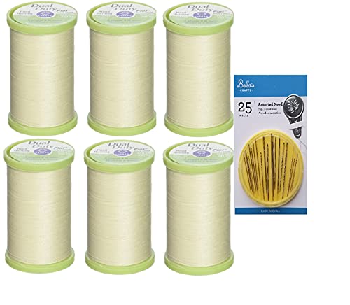 Coats & Clark Dual Duty Plus Hand Quilting Thread, 325 Yards, S960-8020 Cream 6-Pack Bundle with Bella's Crafts Assorted Needles