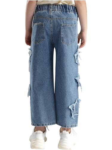 easyforever Kids Girls Frayed Star Patch Jeans Causal Washed Wide Leg Denim Pants Skateboarding Denim Trousers Bottoms3