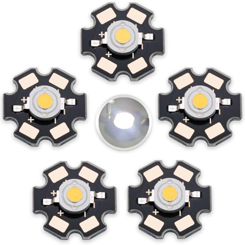 LEDGUHON 3W White LED Chip,5PCS High Power SMD COB Light Emitting Diode with Aluminum Plate 20mm Star PCB Base Heat Sink Repair Lamps Bulbs Floodlight DIY Lighting (700mA,3.0-3.4V,140deg,6000-7000K)