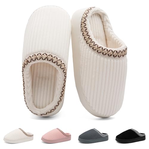 Image of Slippers for Women&Men with Memory Foam Corduroy Closed Toe House Shoes Ladies Winter Warm Comfy Bedroom Women's Slipper Indoor and Outdoor Slip-on Rubber Sole