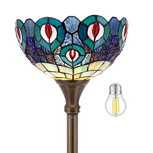 Tiffany Floor Lamp LED Torchiere Uplight Industrial Bronze Pole Vintage Boho Stained Glass Peacock Retro Standing Corner Bright Torch Light 66