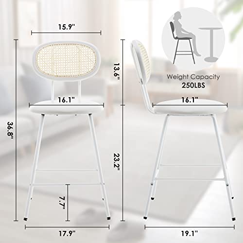 Counter Stools Rattan Back Dining Chair,Indoor Faux Leather Bar Stools Set Of 4,Armless Dining Chairs With Rattan Backrest Metal Legs,Modern Counter Height Barstools For Home Restaurant White,24" #TOP1