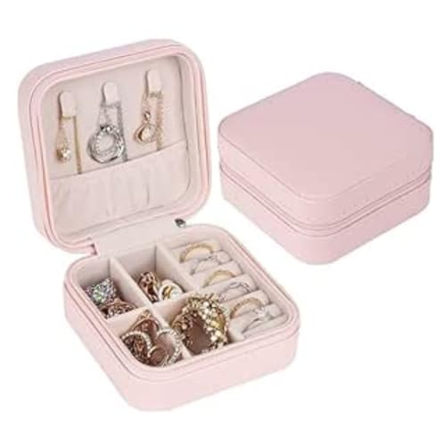 Porta-Joias Compacto de Viagem, Estojo Organizador com Compartimentos, 6 Divisórias para Anéis e Colares (Rosa Claro)