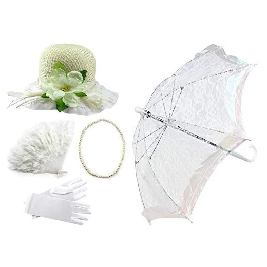 Enimay Girl's Costume Tea Party Set Fan Hat Necklace Umbrella Gloves White
