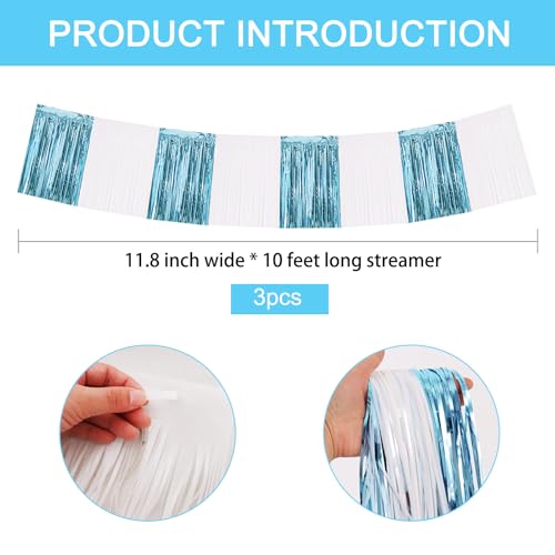 Image of BEISHIDA 3 Packs Metallic Foil Fringe Garland Light Blue White Wall Hanging Tinsel Fringe Banners for Car Floats Bridal Shower Wedding Birthday Graduation Holiday Party Decoration(30 Feet)