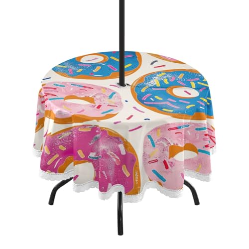 Wajiw 60 Inch Indoor Outdoor Round Tablecloth with Umbrella Hole and Zipper Waterproof Patio Table Cover for Camping Dining Room Party Outdoor Picnic,Donuts
