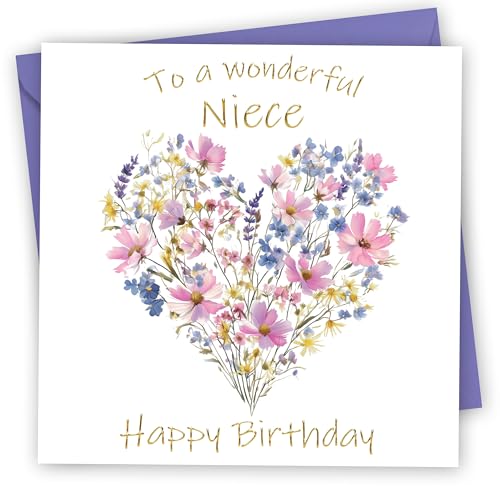 Birthday Card for Niece. Floral Heart Design with Gold Foiled text. 150x150mm supplied with Envelope. Eco-friendly. Message inside. Made in Britain.