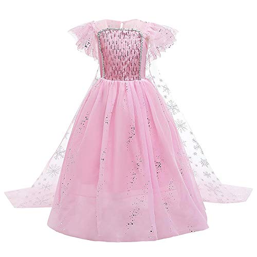 OBEEII Girls Princess Elsa Costumes Snow Queen 2 Carnival Dress Cosplay Halloween Christmas Party Fancy Dress Up Costume Pink 5-6 Years