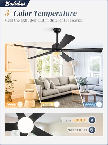 Image of Fanbulous 60 inch Ceiling Fan with Lights and Remote, Quiet Black