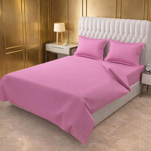 Image of Prozone Premium Satin Stripe Double Bedsheet with 2 Pillow Covers | Soft & Luxury Hotel Style Bedding for Double Bed (Pink)