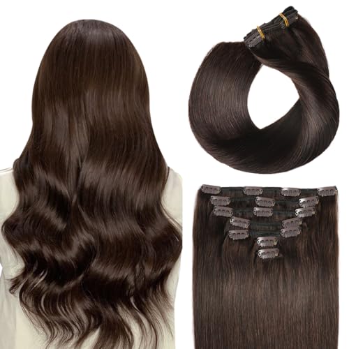 SUYYA Clip in Extensions Echthaar Salon Remy Menschenhaar Extensions Echthaar Gerade Glatt Chthaar Extensions Clip Doppelt Genäht 14 Zoll 35cm 7 Stück 70G #2 Dunkel Braun