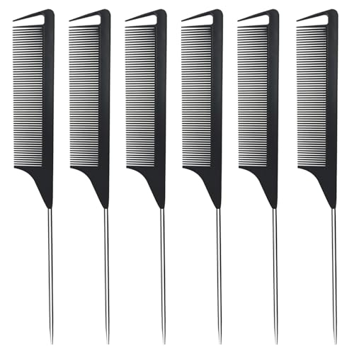 Metal Carbon Fiber Rat Tail Comb 6Pcs for Hair Styling