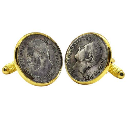 Gemelos para camisa: Genumis Pacificador - Moneda 50c peseta 1880-1885 Plata España - Color Dorado - 18 mm