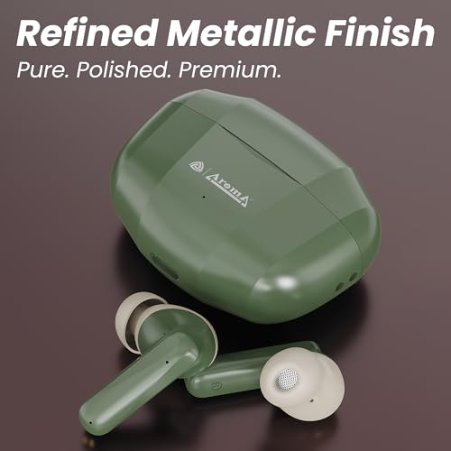 Image of AROMA TWS4 Jaguar V5.4 True Wireless Earbuds, Midnight Green & Cream | up to 60H Playtime, ENC, Fast Charging, Heavy Bass, Bluetooth