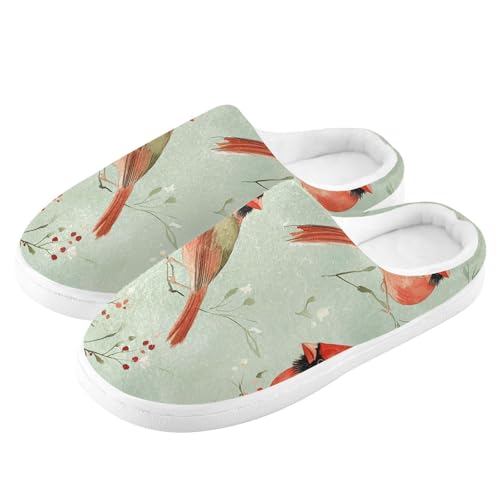 JUNZAN Aesthetic Northern Red Birds Sage Green Women Cotton Slippers Non Skid Memory Foam Bedroom Shoes for Outdoor Christmas Presents 6-74