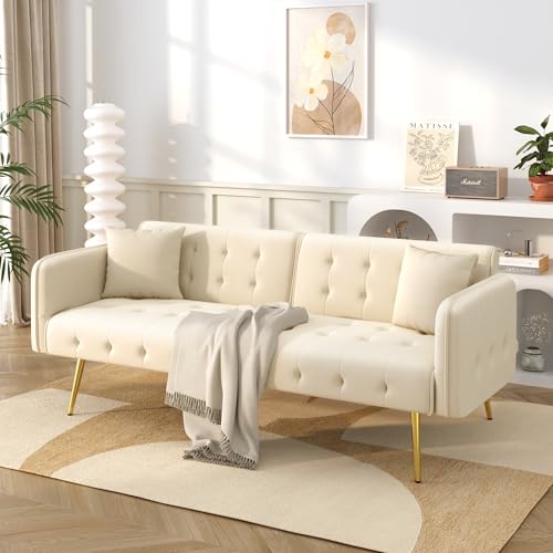 Sofa Cama 2 plazas, Sofá Cama multifunción de Dos plazas con función de Cama, Funda de Terciopelo, Respaldo Ajustable + reposabrazos multidígitos, sofá Cama Plegable para salón (Beige)