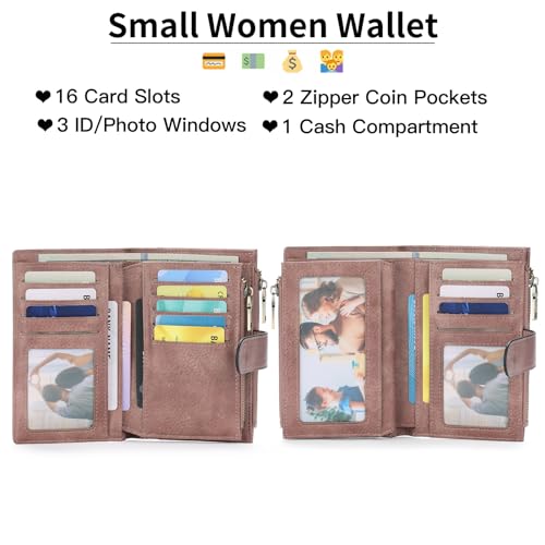 Image of GOIACII Womens Wallets RFID Blocking Leather Trifold Clutch Wallet Credit Card Holder Ladies Purse 3 ID Windows Pink