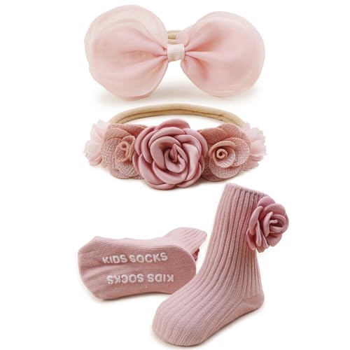 mligril Baby Girls Headband & Socks Set, Cute Non Slip Cotton Socks with Flower Hair Bows Bowknot Style Baby Accessories Gifts for Newborn Infant Toddler