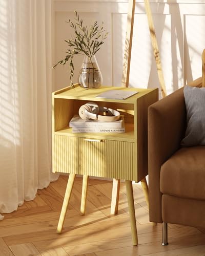 Image of Nightstand,Modern Bedside Table with Storage Drawer and Open Wood Shelf, for Living Room, Bedroom and Small Spaces, Accent Night Stand with Solid Wood Legs, Easy Assembly,Vintage Yellow Oak
