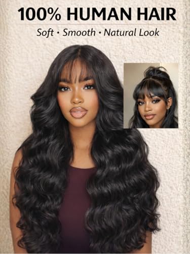 Image of Beauty Forever 13x4 Lace Front Wig Human Hair Glueless Pre Plucked Pre Cut,Loose Wave Wig with Curtain Bangs for Black Women, Fluffy Natural Black Ready to Wear Drawstring Wig, 150% Density 20 Inch