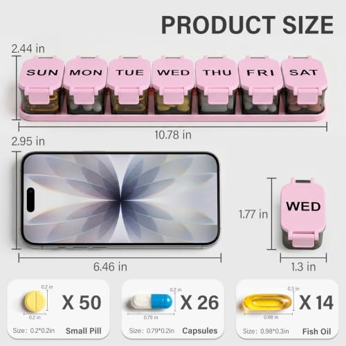 Image of Yaklim Extra Large Weekly Pill Organizer - Waterproof 7-Day Pill Box, Portable Vitamin & Supplement Case, Easy to Open Design, Ideal for Travel and Daily Medication Management (Blackpink, 2 Packs)